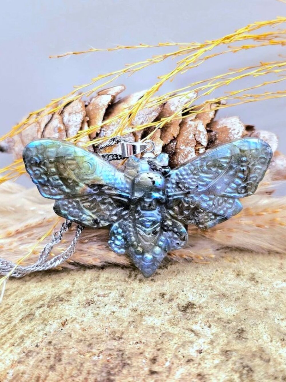 Nature Labradorite Carved Flashy Moth Hidden Skull Pendant Necklace